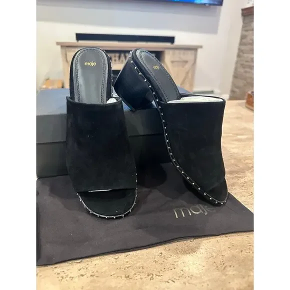 NEW In Box Maje Wave Suede Black Block Heel Mules Womens 38 / 7.5 - Picture 3 of 7